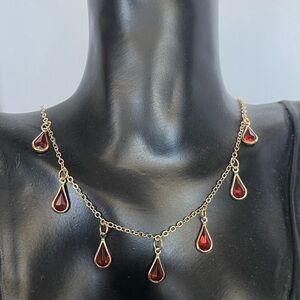 Gold tone red dangle drop minimalist necklace
